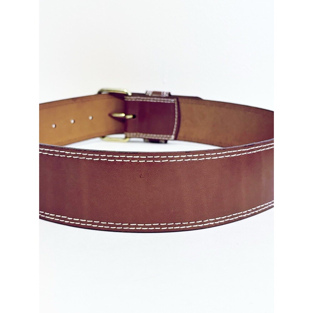 Linda Allard For Ellen Tracy size 6 Tan Leather Belt White Top Stitching - Picture 5 of 7